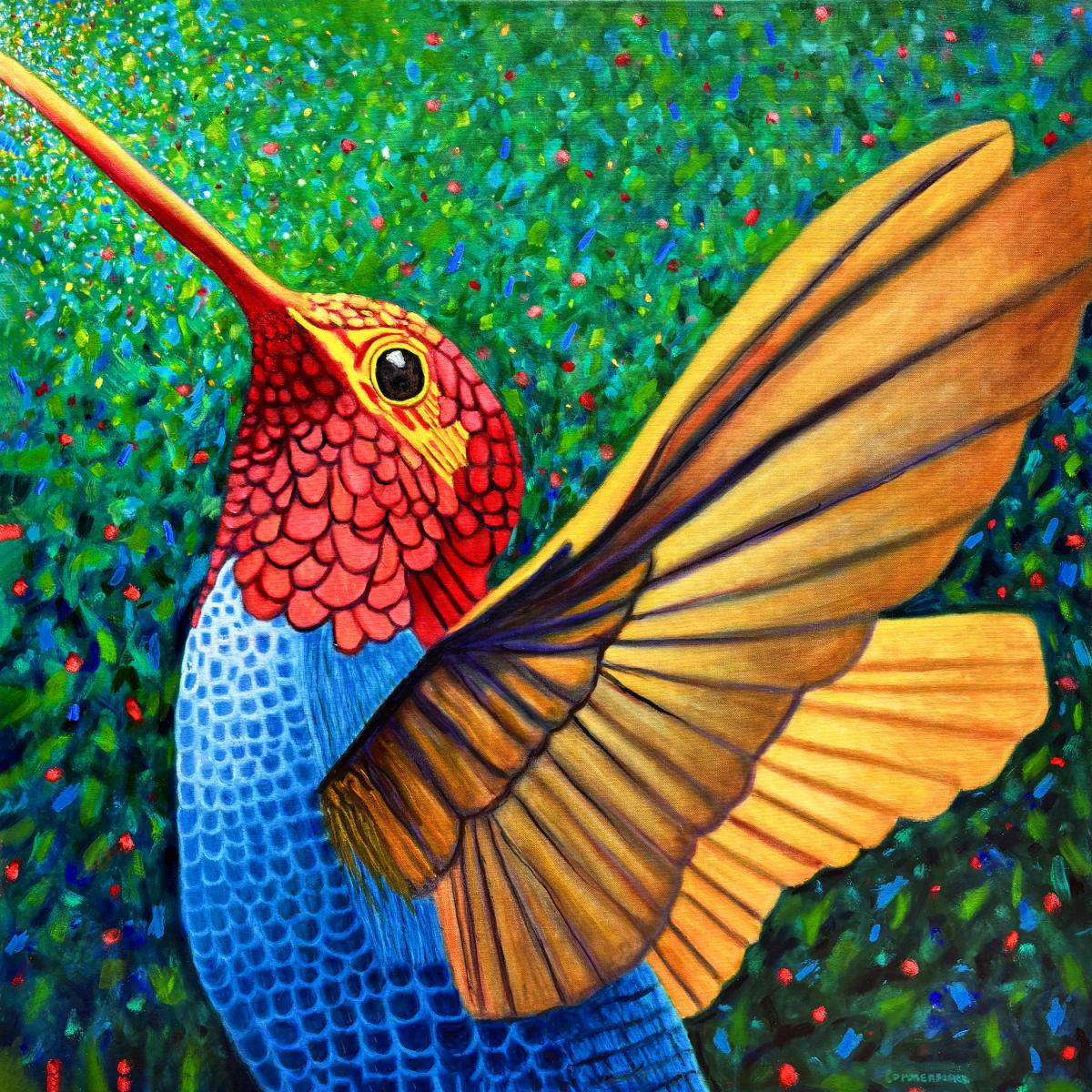 Vibrant painting of a hummingbird with a red head, blue body, and golden wings against a green, textured background.