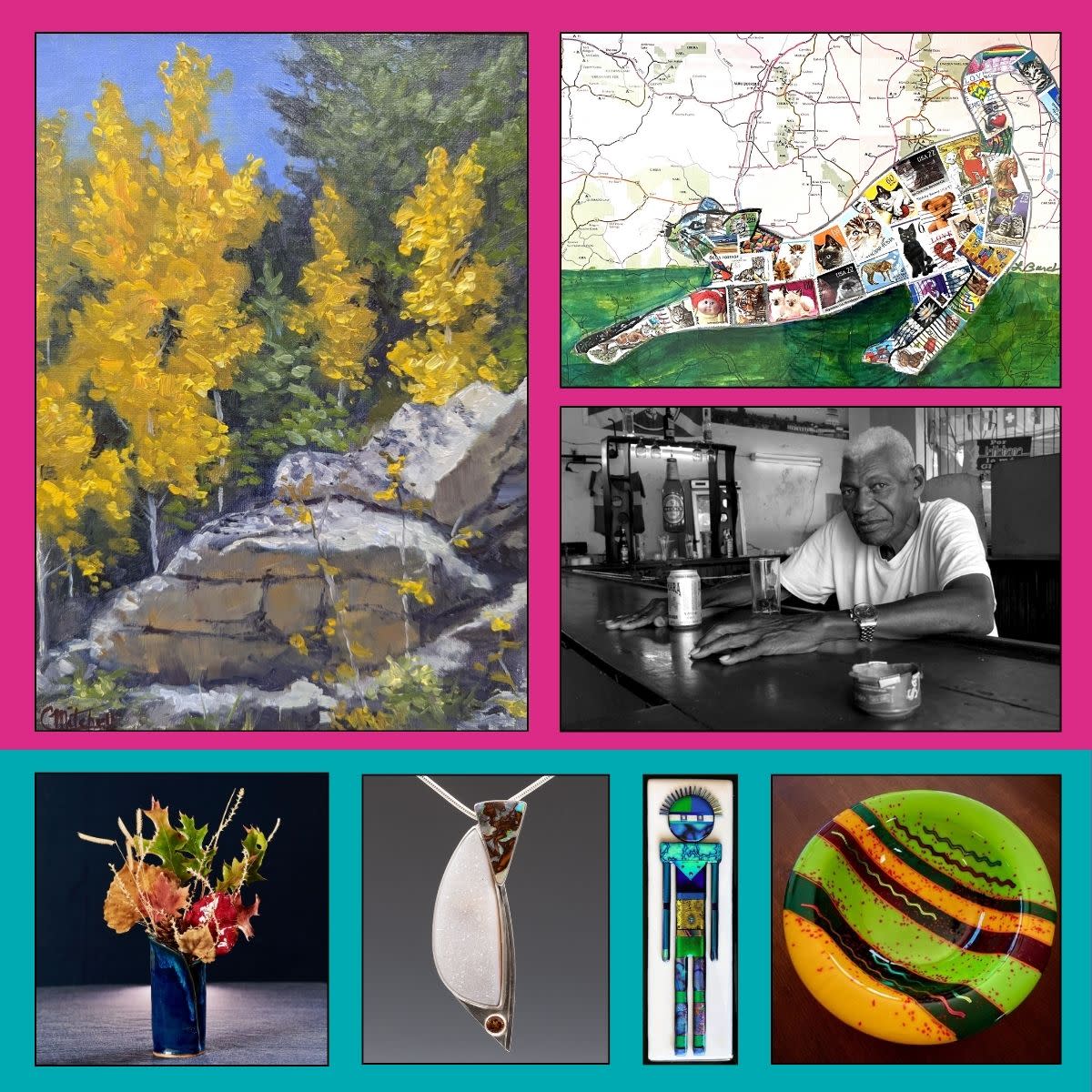 Collage of artworks including a landscape painting, a map-shaped art piece, a black‑and‑white portrait, a floral arrangement, jewelry, a figure sculpture, and a brightly colored plate.