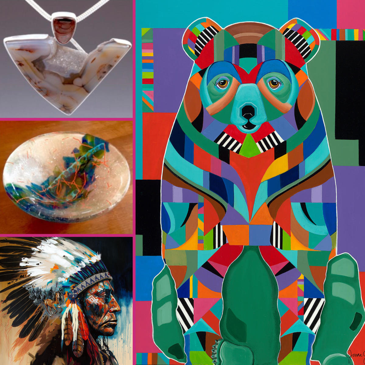 A bold, colorful geometric bear at the center is surrounded by three items: a triangular stone pendant, a glass oval with abstract colors, and a profile painting of a person in a feathered headdress.