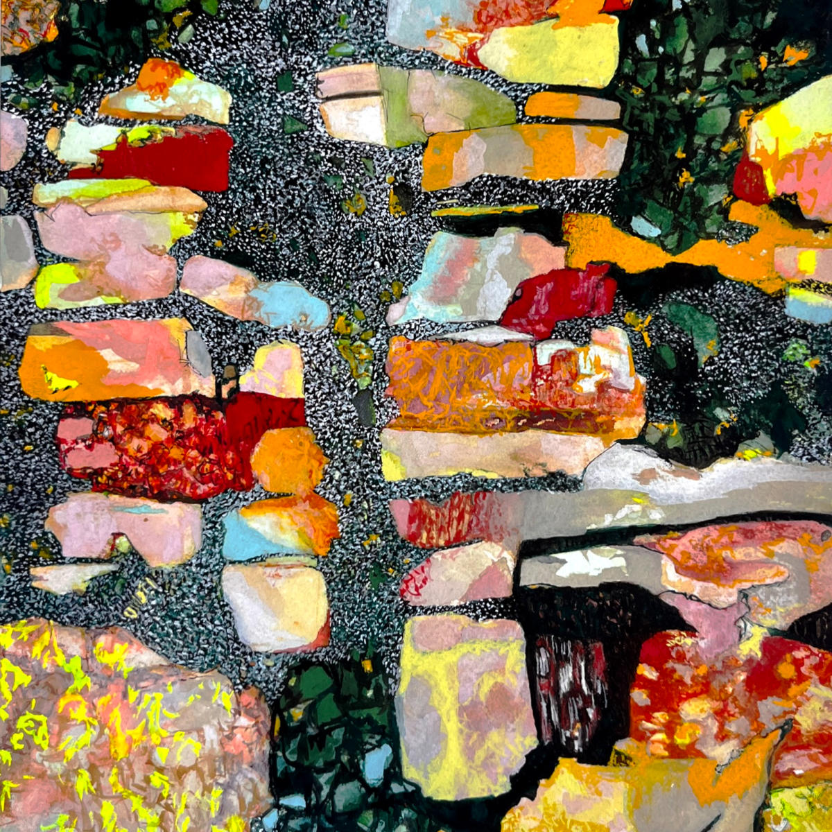 Colorful abstract artwork made of layered, textured shapes in bright yellows, reds, greens, and pinks.