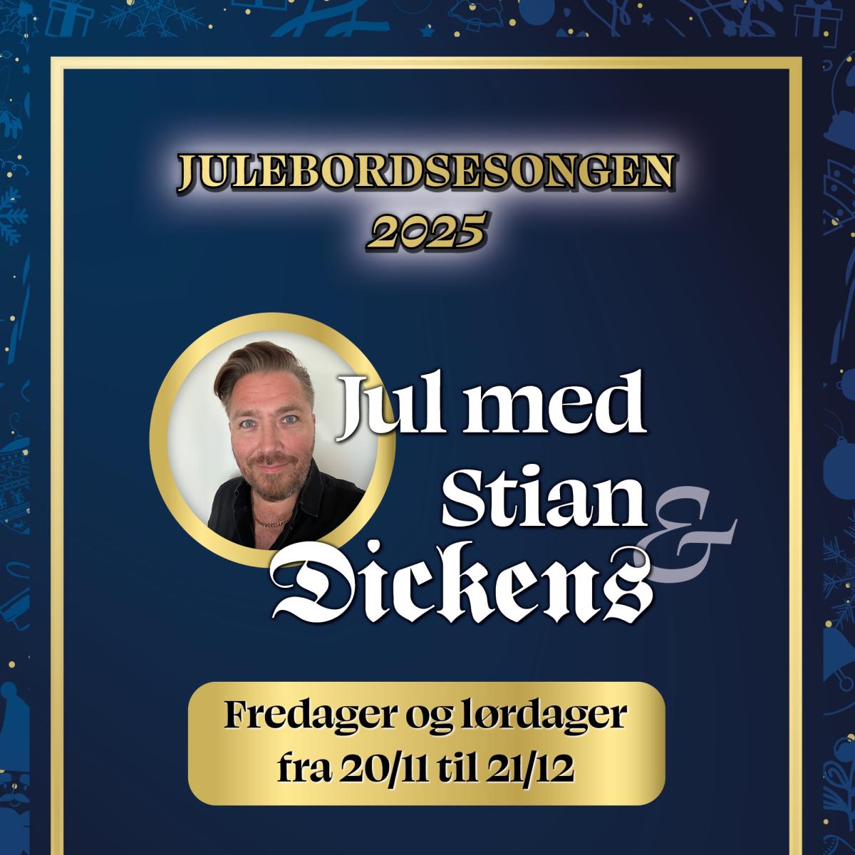 Arrangementsplakat med foto av artist og tekst mot mørkeblå bakgrunn. Foto.