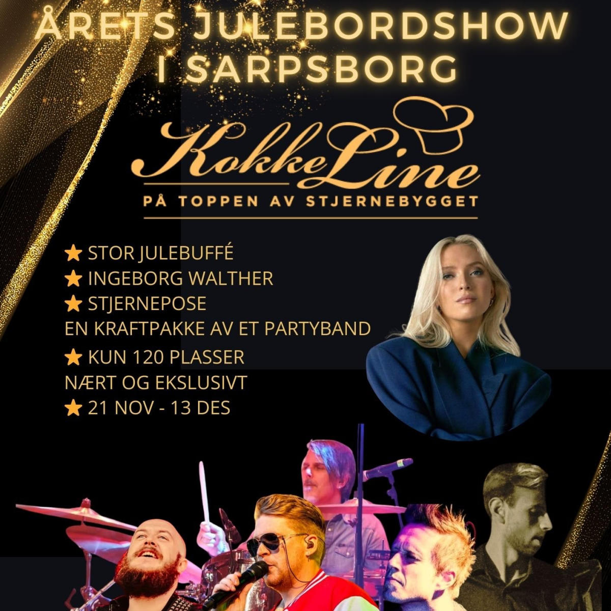 Showplakat med bildekollasj og gul tekst mot svart bakgrunn. Foto.