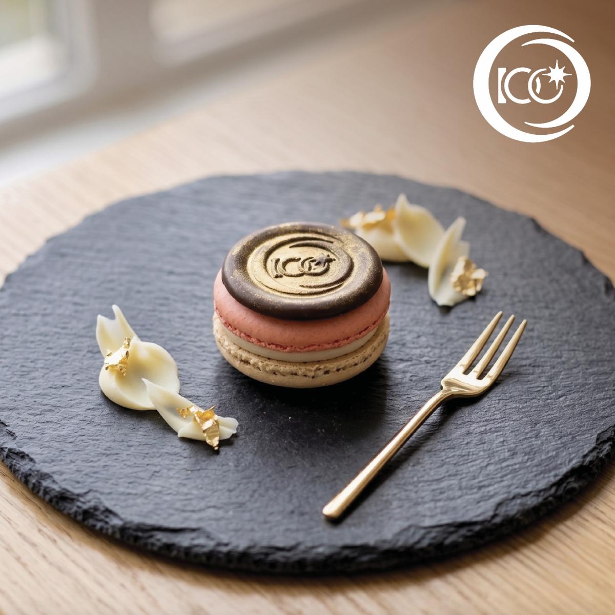 A macaron from the Queens Hotel, emblazoned with a 100 logo