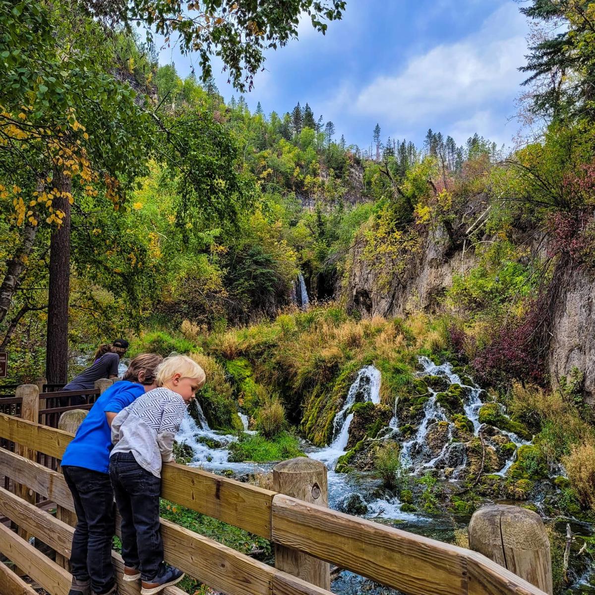 kids on the railing overlooking roughlough falls in spearfish canyon in south dakota