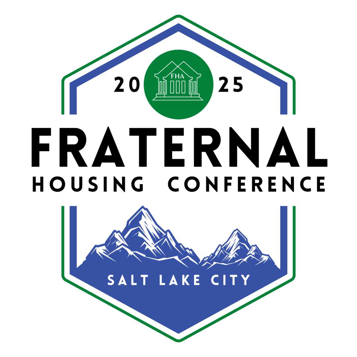 Blue, green, and white logo reading "2025 Fraternal Housing Conference Salt Lake City" with mountains in the background