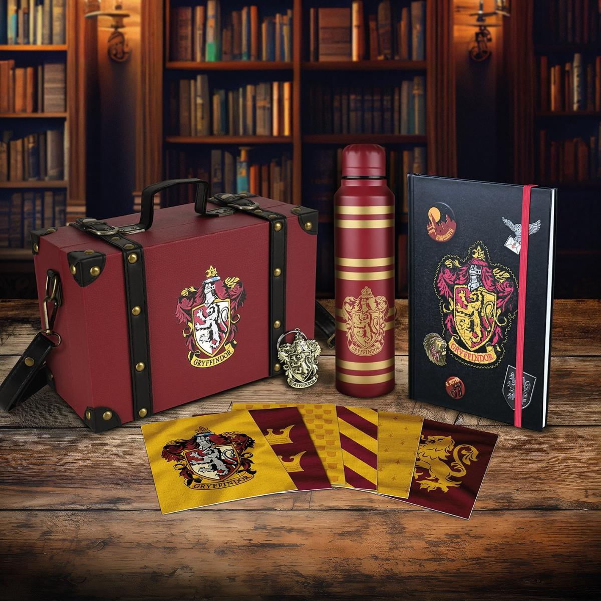 Set of Harry Potter merch including a notbook water bottle and cards from Cool! Merch