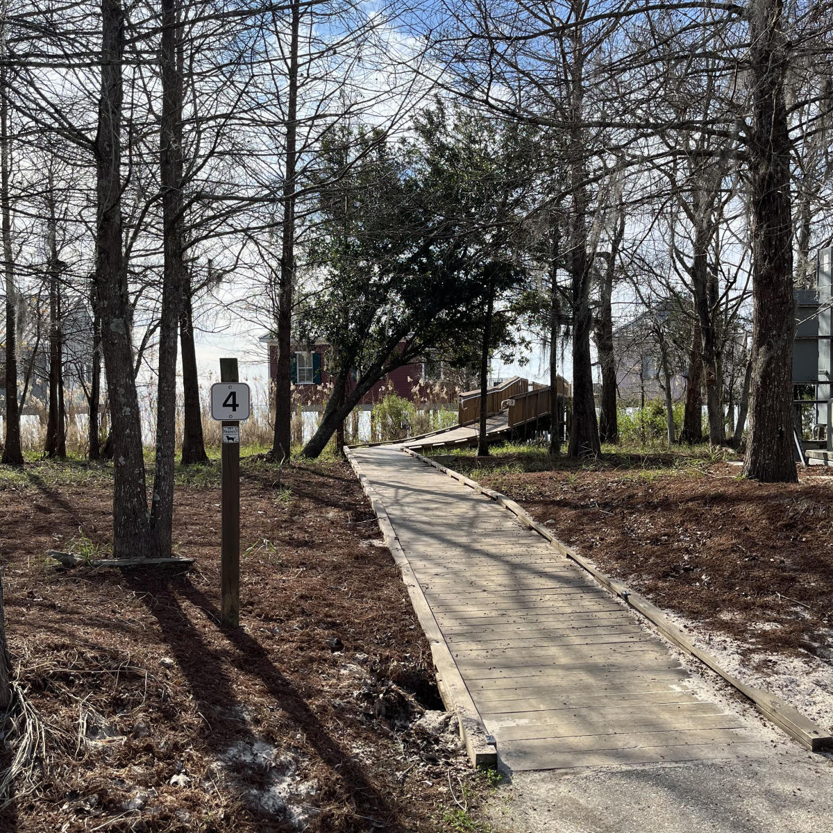 A gently sloping wooden boardwalk leads through the trees to Cabin 4 at Fontainebleau State Park, one of the park's accessible overnight accommodations.