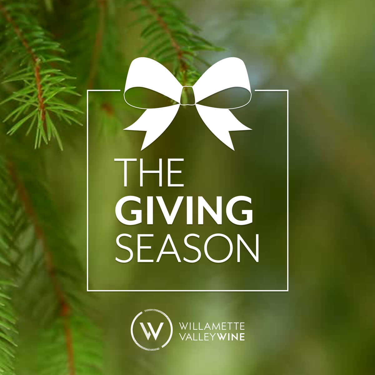 "The Giving Season" text with evergreen tree background