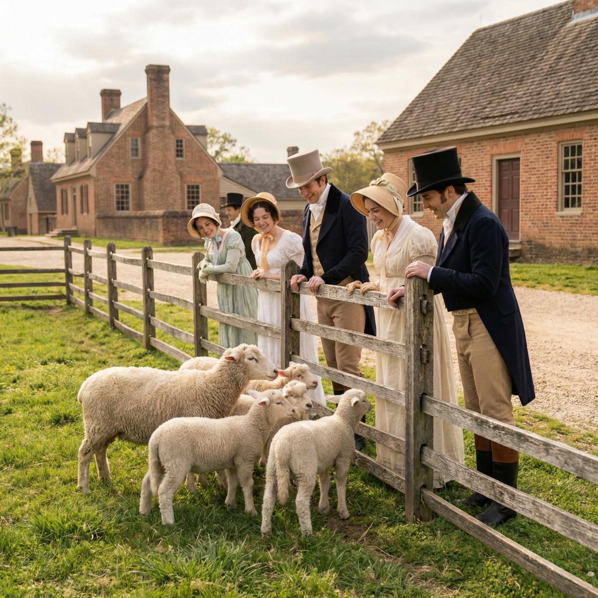 AI-Generated image of characters from the Bridgerton universe at Colonial Williamsburg