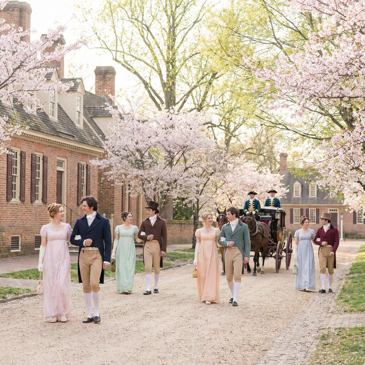 AI-Generated image of characters from the Bridgerton universe at Colonial Williamsburg
