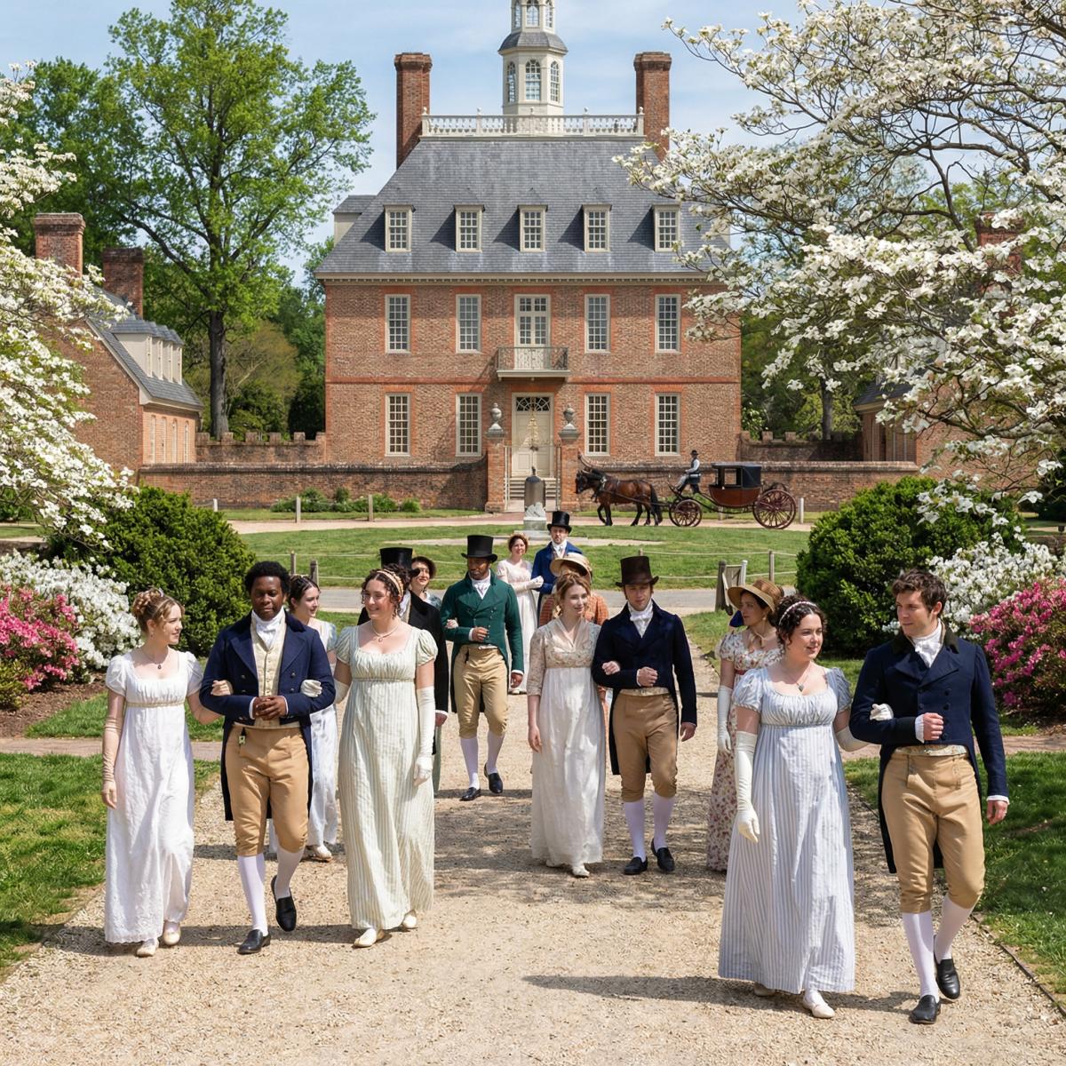 AI-Generated image of characters from the Bridgerton universe at Colonial Williamsburg