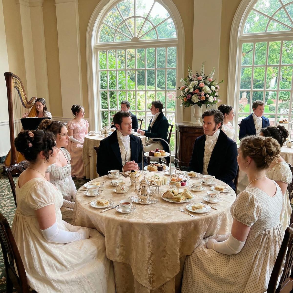 AI-Generated image of characters from the Bridgerton universe at Colonial Williamsburg