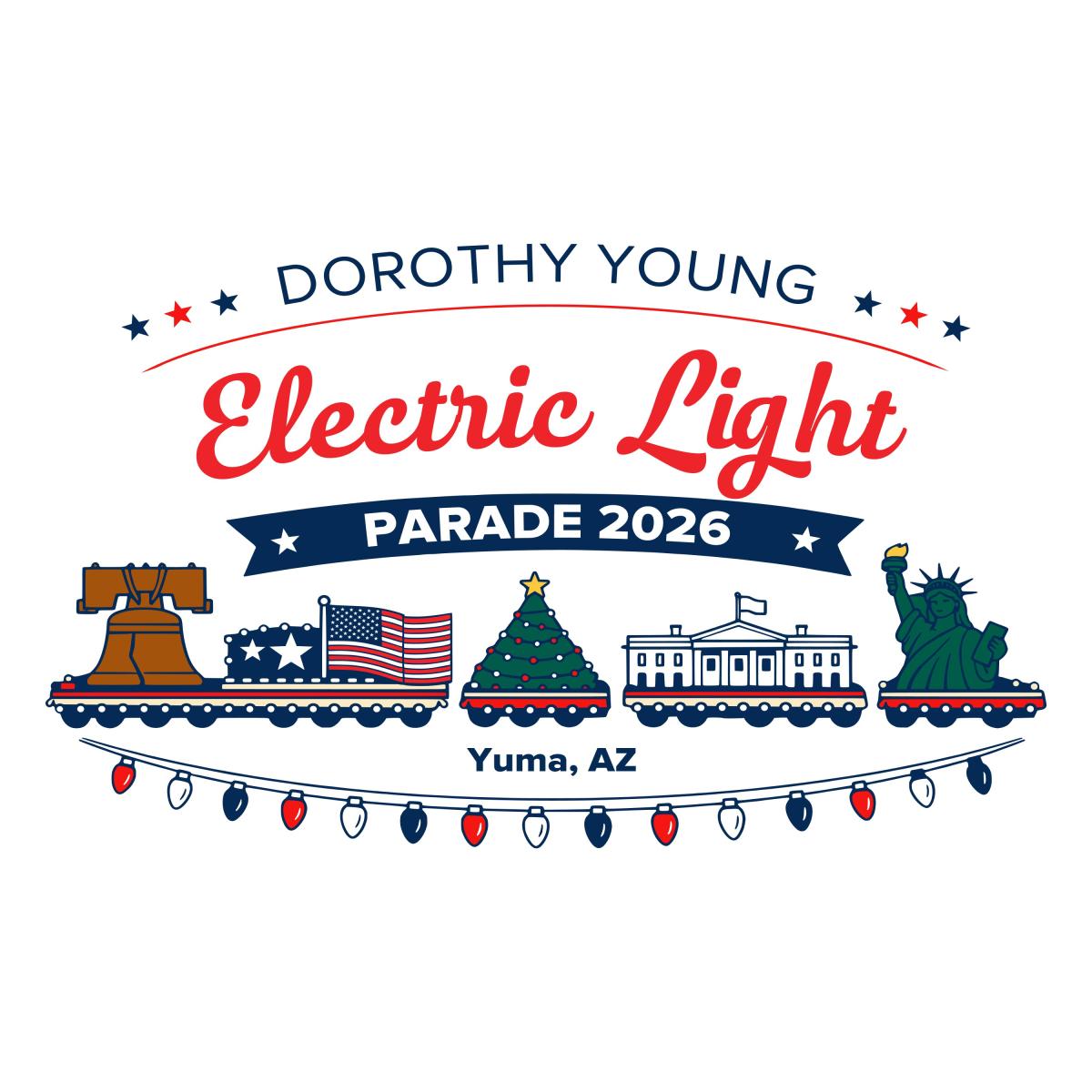 Logo for the Dorothy Young Electric light Parade in Yuma Az. Depicts diffrent american themed Icons like the liberty bell, the white house, statue of liberty, the American flag and a christmas tree on top of parade floats in a classic americana animation style.