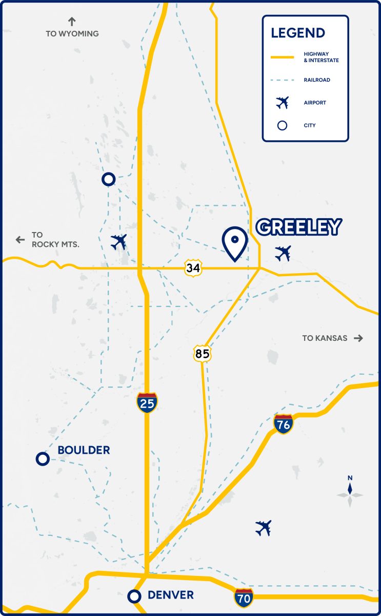 Map with legend of Greeley's access to major highways, railways, airports, and cities.