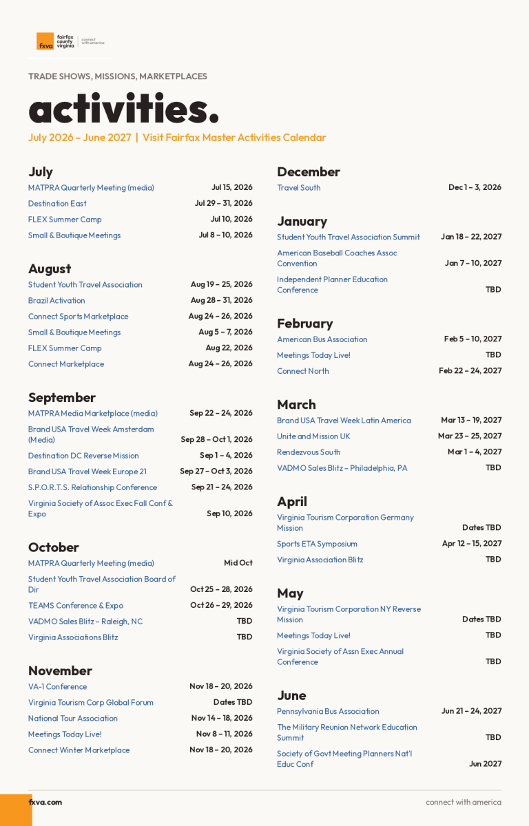 FY27 Visit Fairfax Sales Tradeshow Calendar