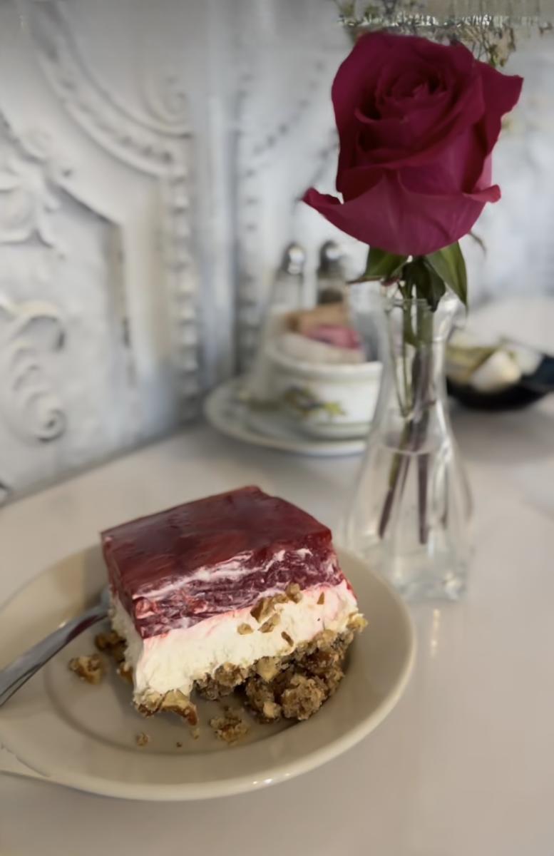 strawberry pretzel salad at Main Street Cafe