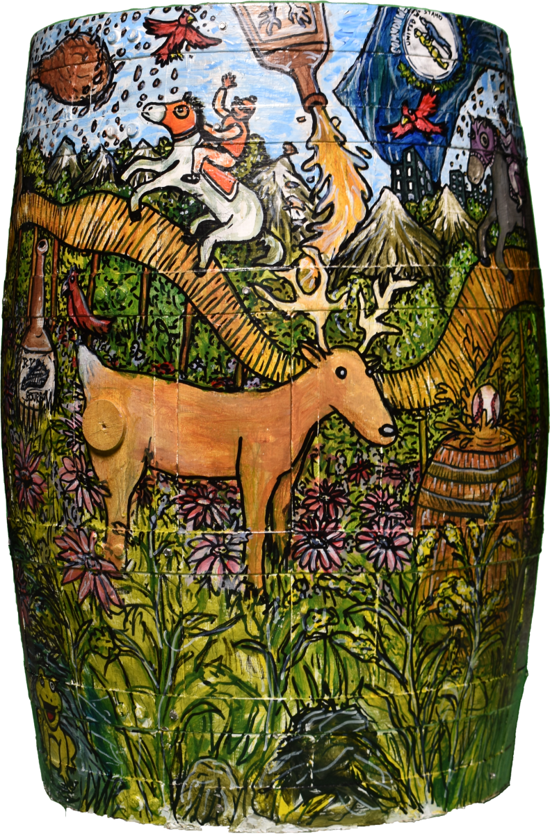 Bourbon Art Barrel painted with forest scene and many creatures