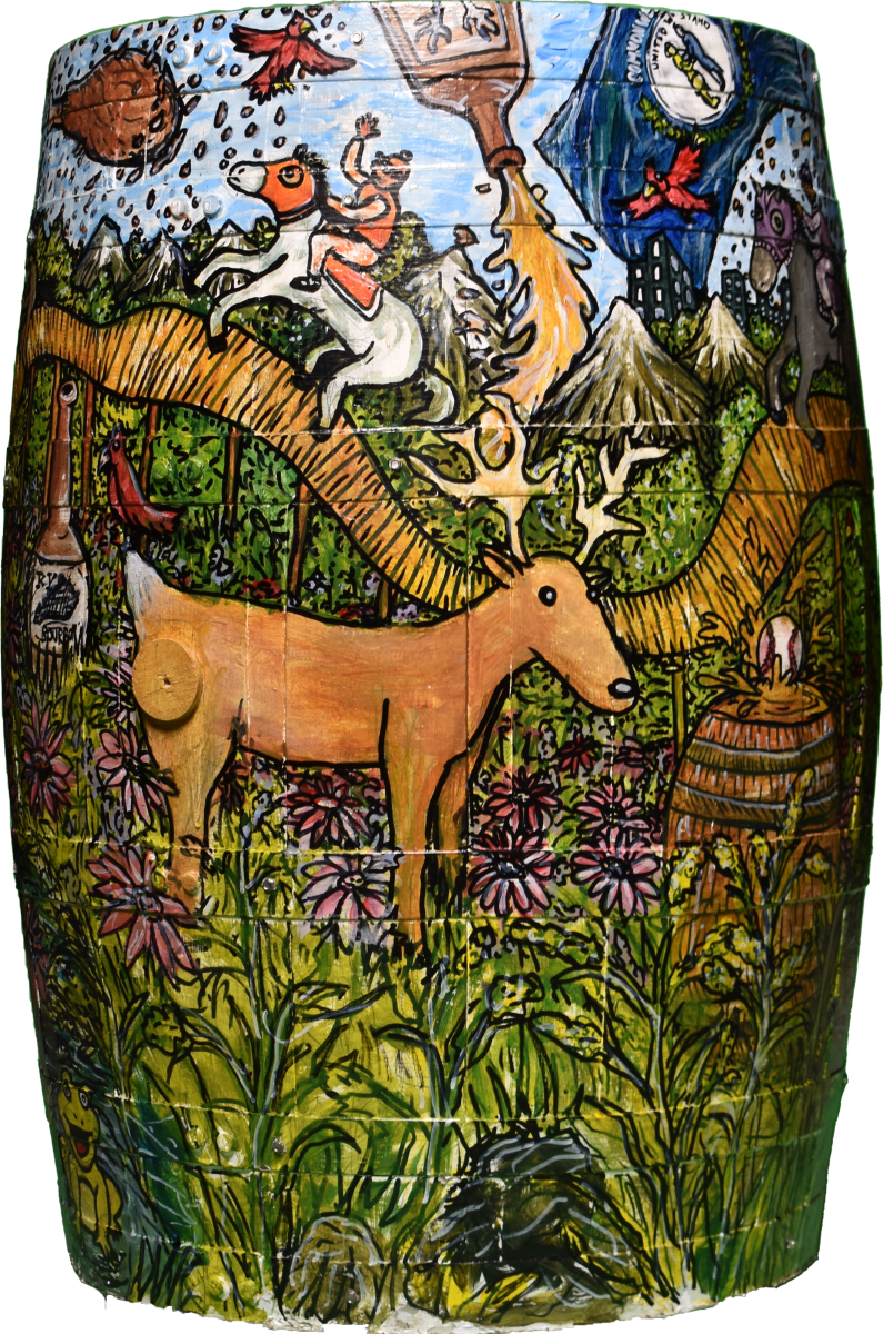 Bourbon Art Barrel painted with forest scene and many creatures