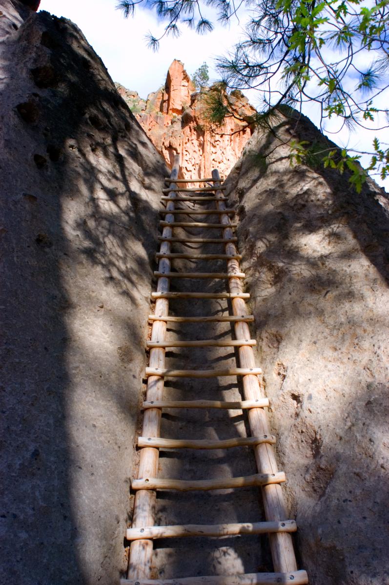 A wooden ladder leads to a Kiva at Bandelier National Monument in the Jemez Mountains North of Albuquerque