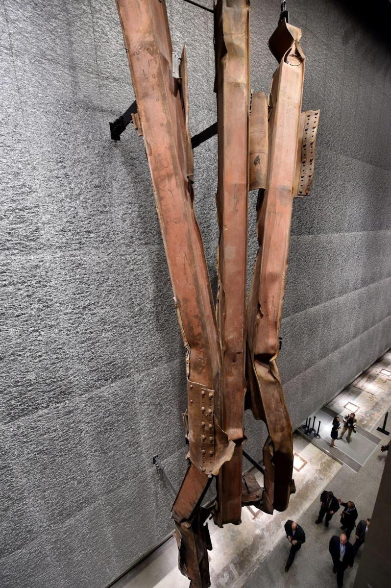 9/11 memorial and museum displaying damaged structural beams from the world trade center attack