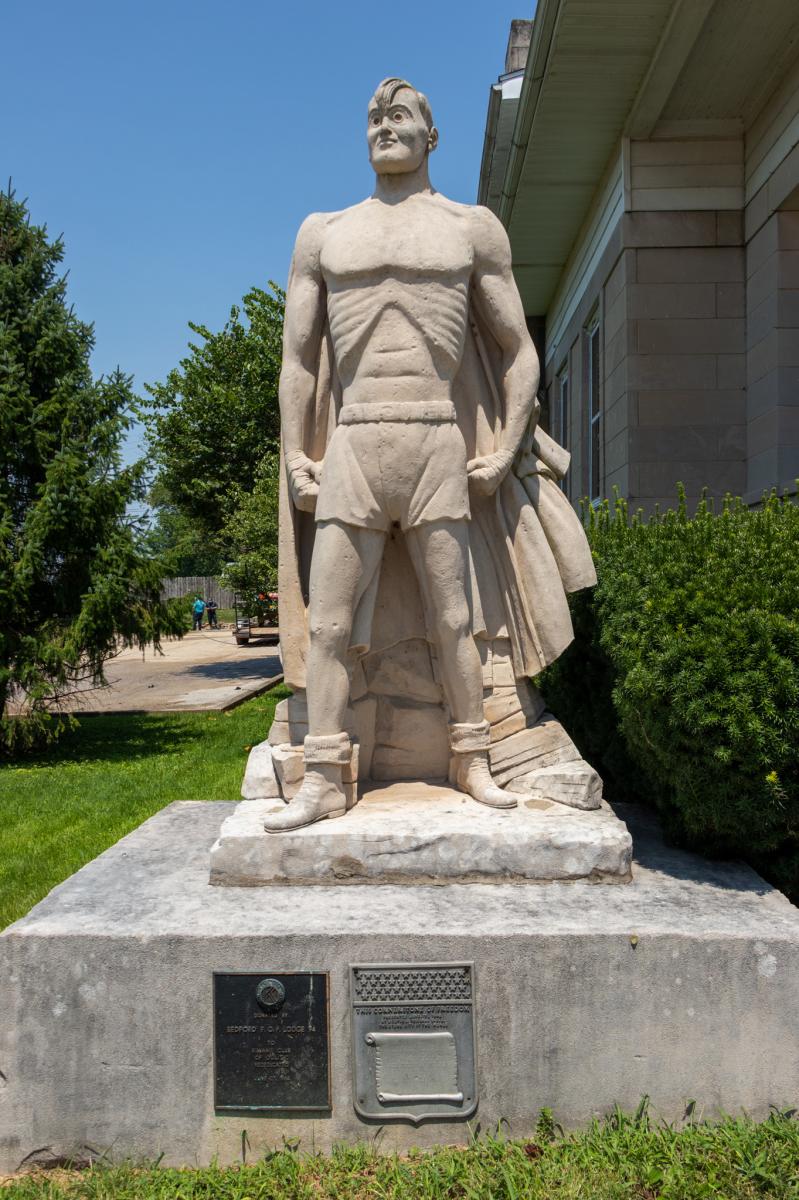 A statue of the comic strip character boxer Joe Palooka in Oolitic.