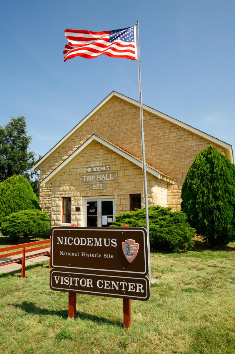 American flag flies outside Nicodemus historical site