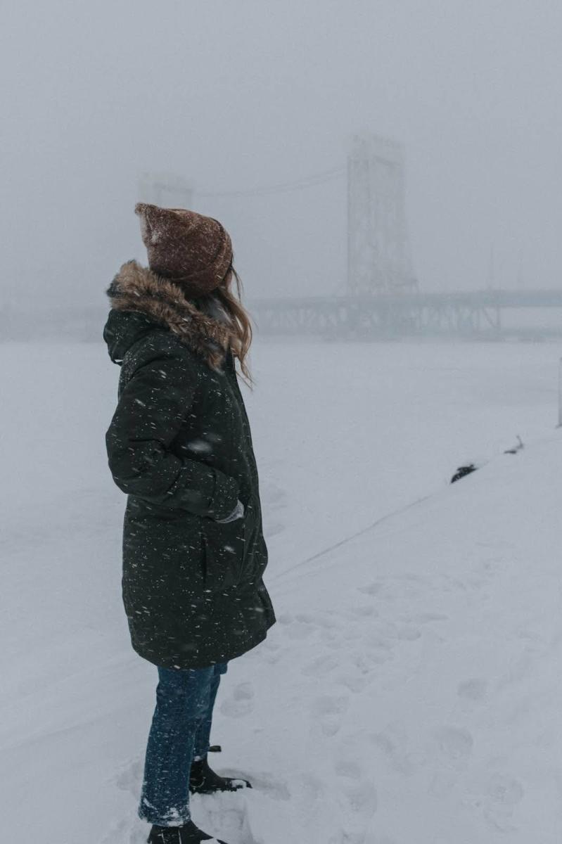 a person in winter gear stands in a snowstorm looking at a bridge