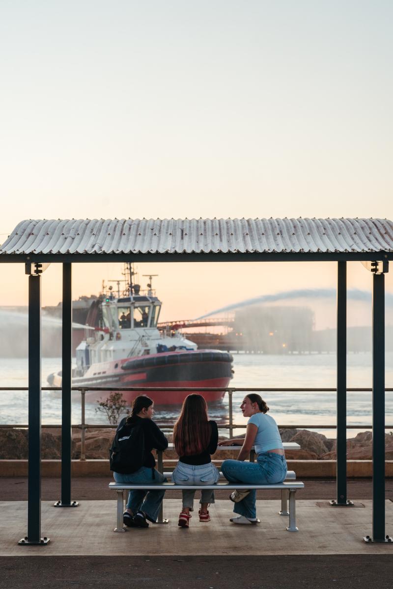 Three people sitting at a picnic table at Marapikurrinya Park with a harbour tug vessel working in the background.