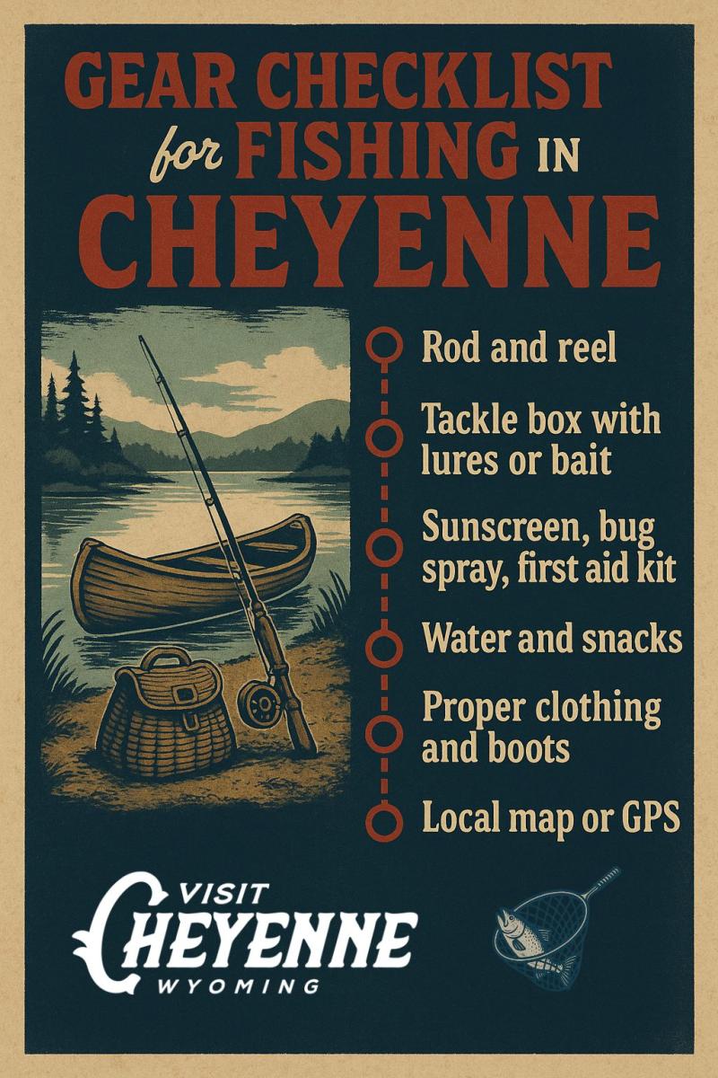 Vintage-style infographic showing a fishing gear checklist for Cheyenne, Wyoming, with rod, reel, tackle box, map, and safety essentials.
