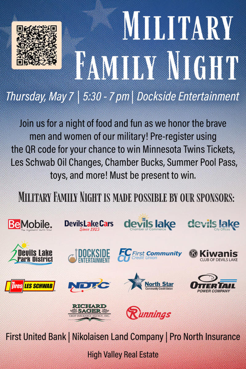 Join us for our 3rd Annual Military Family Night May 7th from 5:30 - 7 pm at Dockside Entertainment.