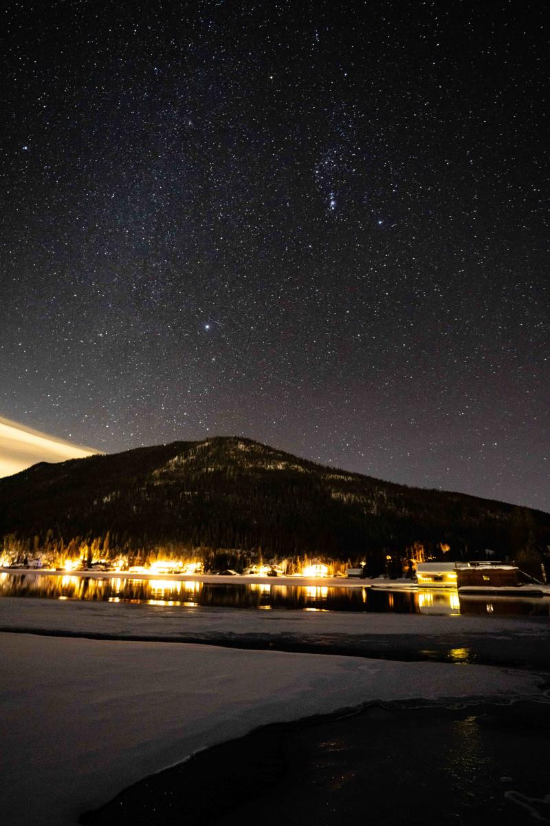 The view of the night sky in winter from Point Park in Grand Lake, Colorado