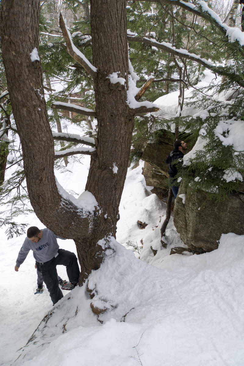 Snowshoers carefully descend the gorge to the Middle Hungarian Falls