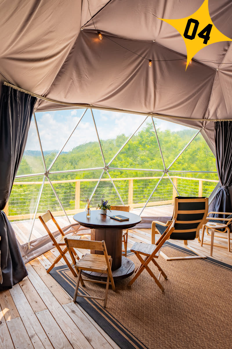 a dome tent for lodging looking out the window into the treeline