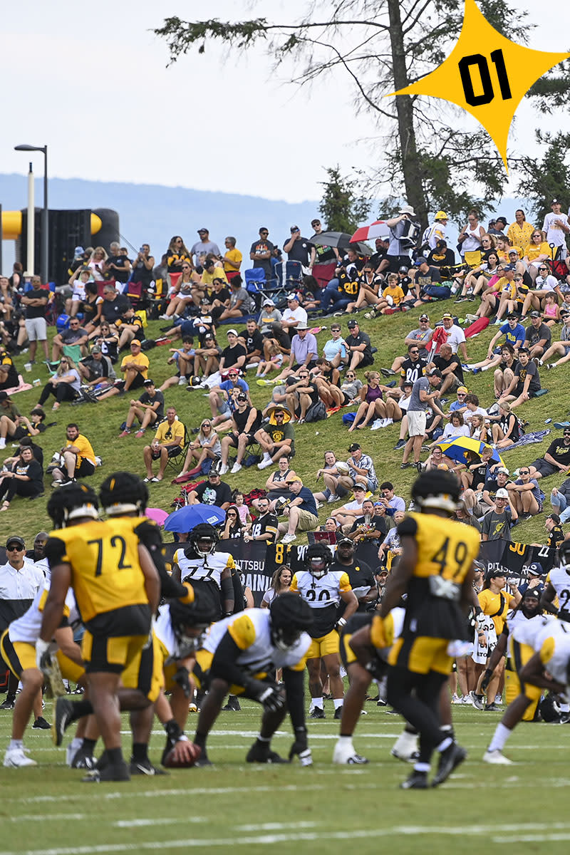 Steelers Training Camp in Latrobe with crowd in the background and players on the field practicing.