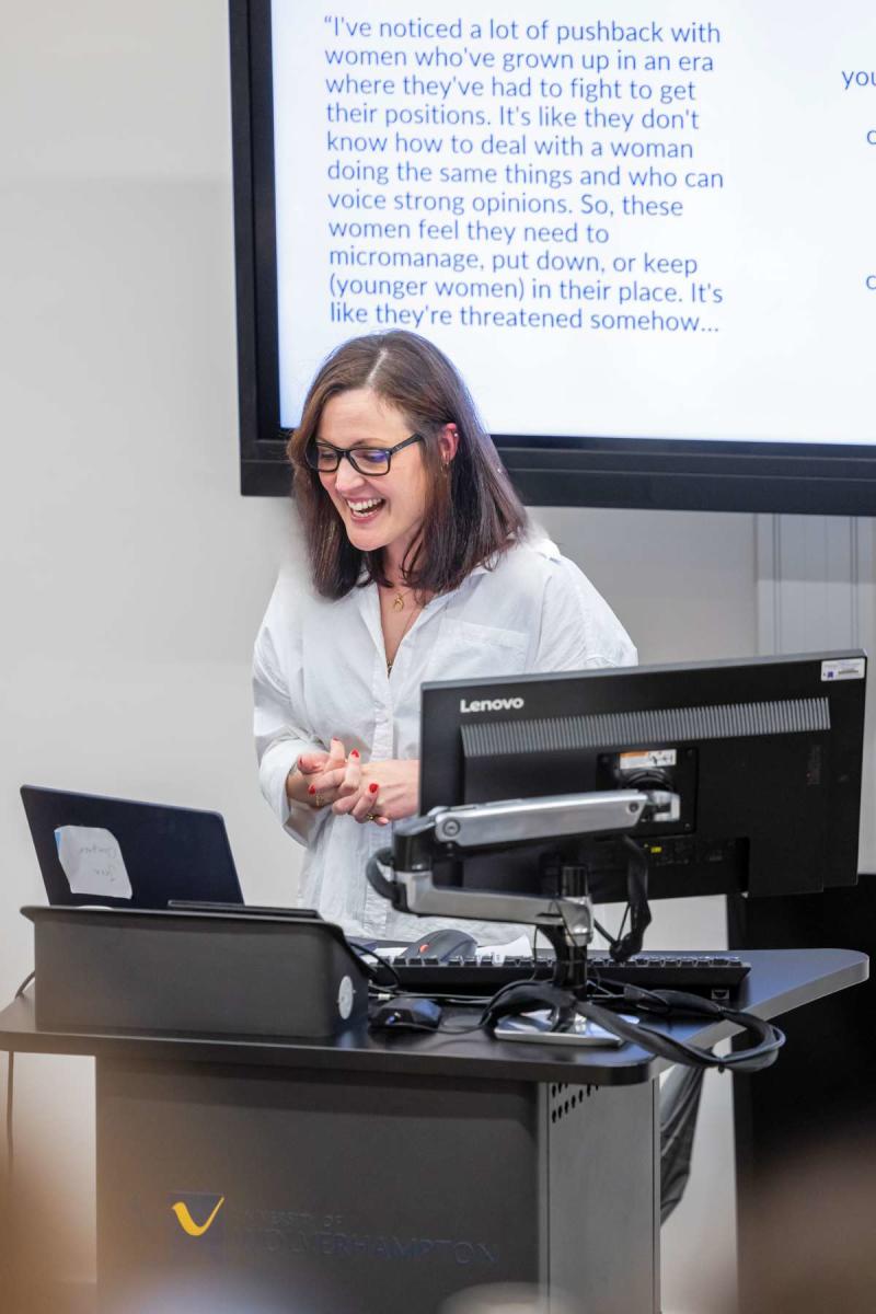 Jenn Clempner, Lead Artist Development at a lecturn