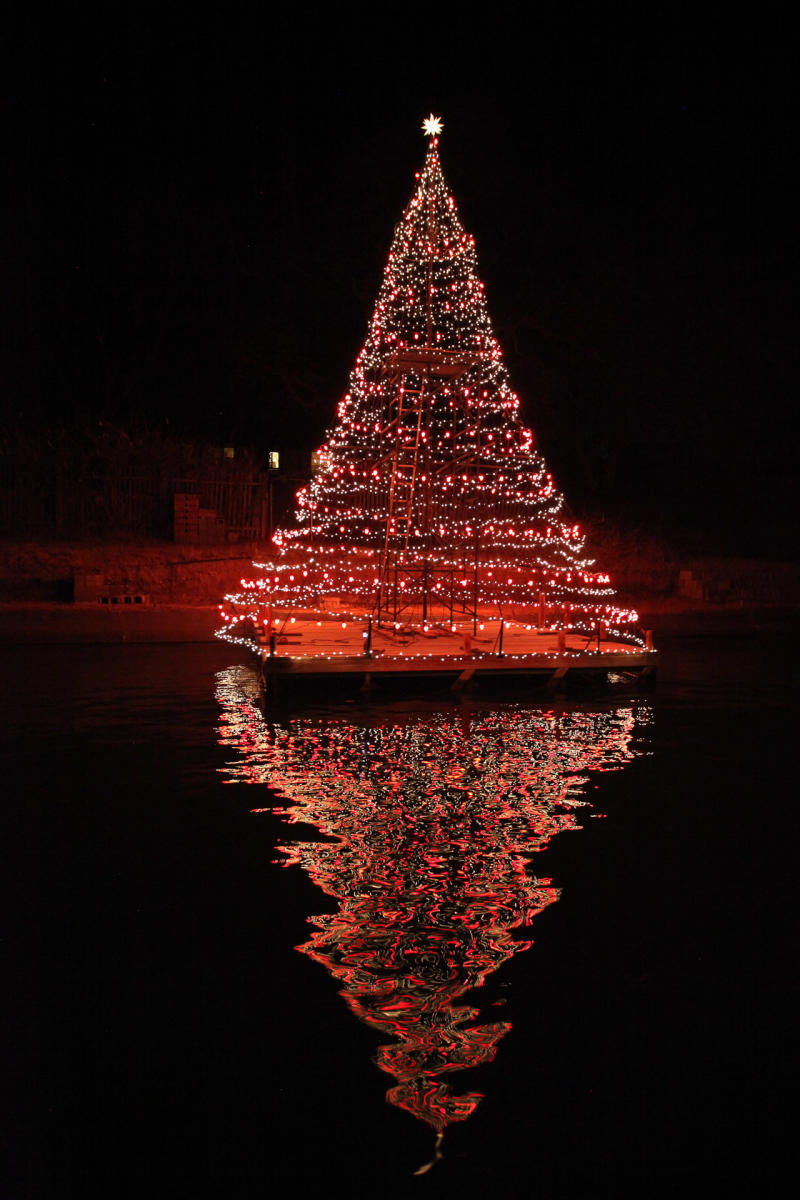 A Christmas tree adorned with festive lights is floating on a body of water at night. The lights reflect vividly on the water's surface.