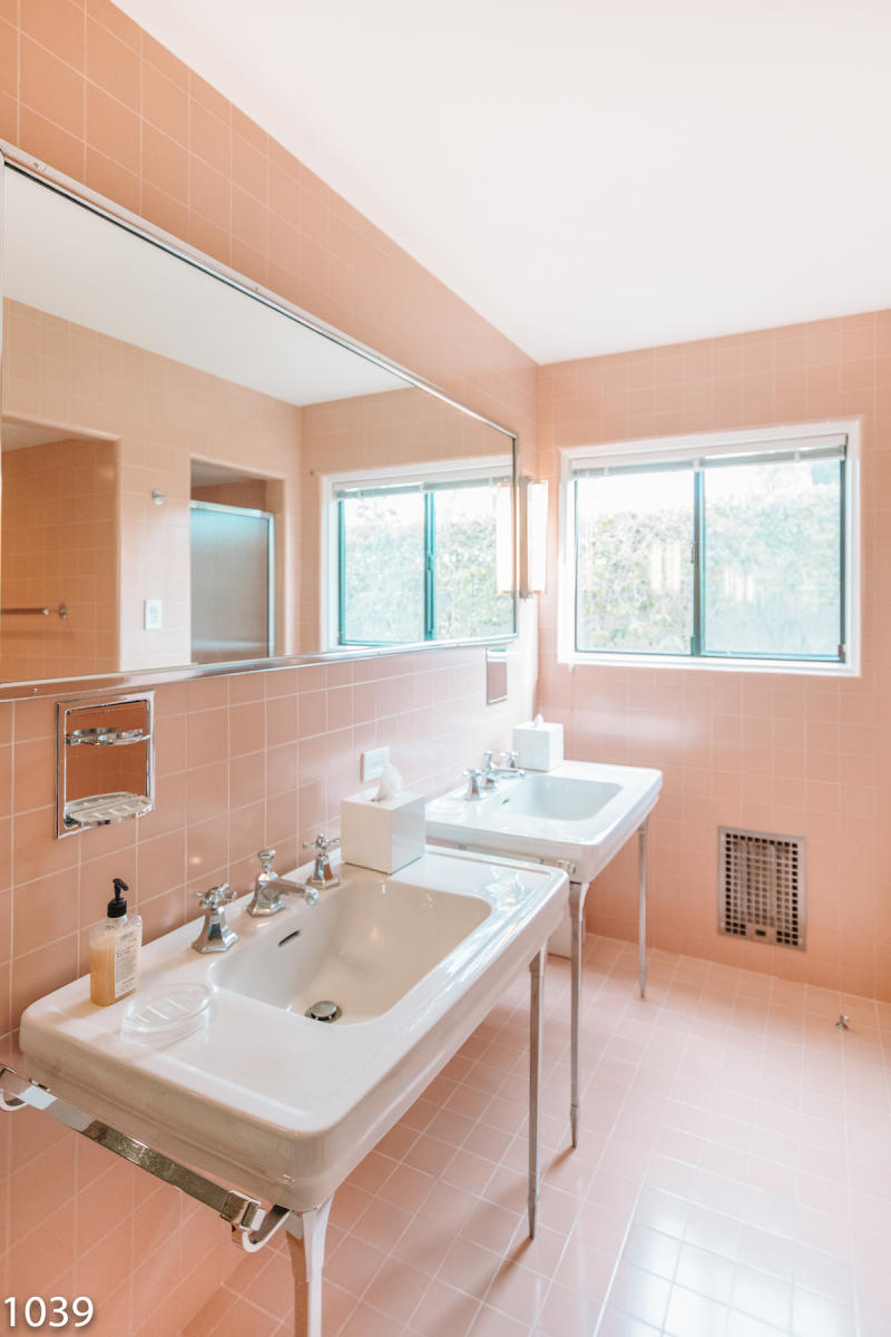 The pink sink in the bathroom at Frank Sinatra's Twin Palms Estate in Palm Springs.