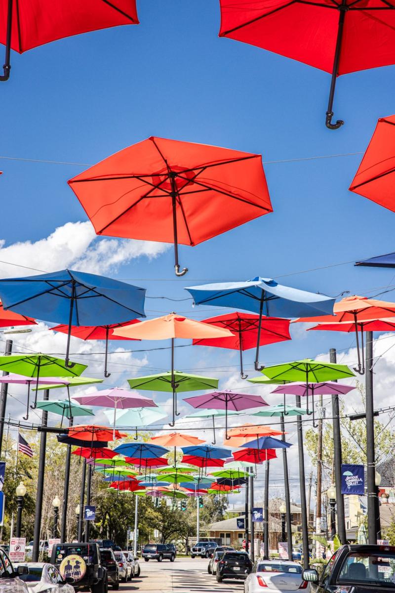 Antique Umbrella Alley art installation in Olde Towne Slidell