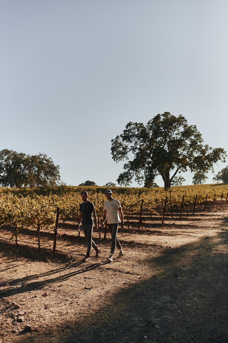 Max and Luke Udsen walk through the vineyard in Paso Robles, California.