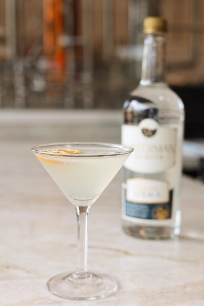 image of martini on a counter top next to a bottle