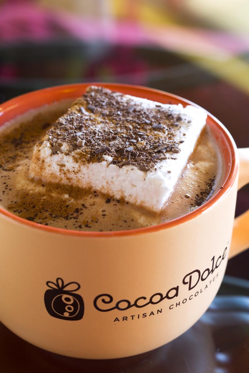 Mug of Hot Chocolate topped with a large square marshmallow from Cocoa Dolce in Wichita