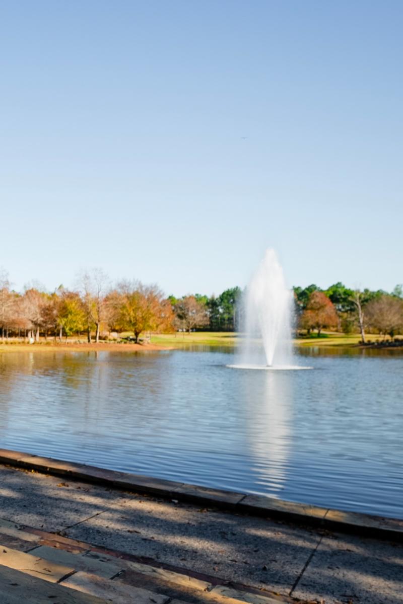 A fountain bursts out of the pond at Rob Fleming Park. The photographer is standing on a thin brick staircase near the water's edge. The far shore features a mix of orange, brown, and bright green trees.