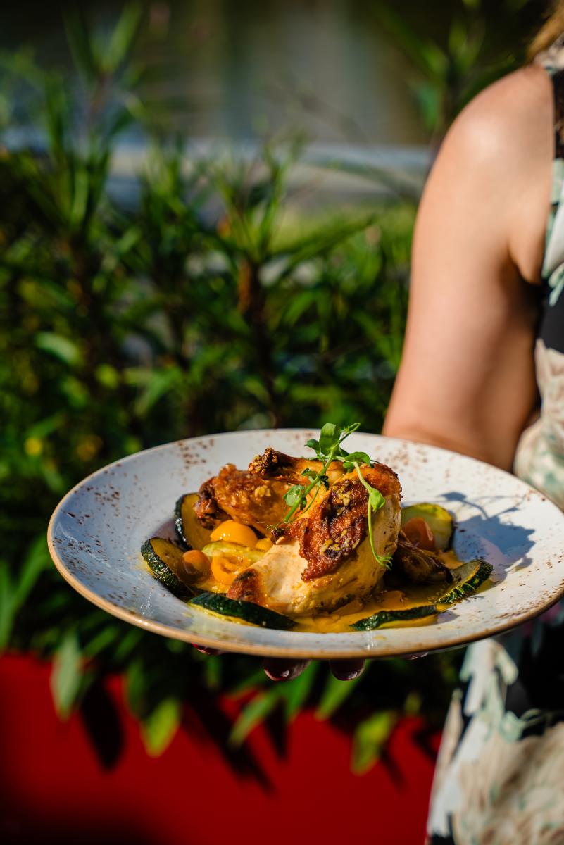 A woman (off-screen) holds up a plate of grilled chicken and veggies in front of potted tropical plants and Lake Woodlands.