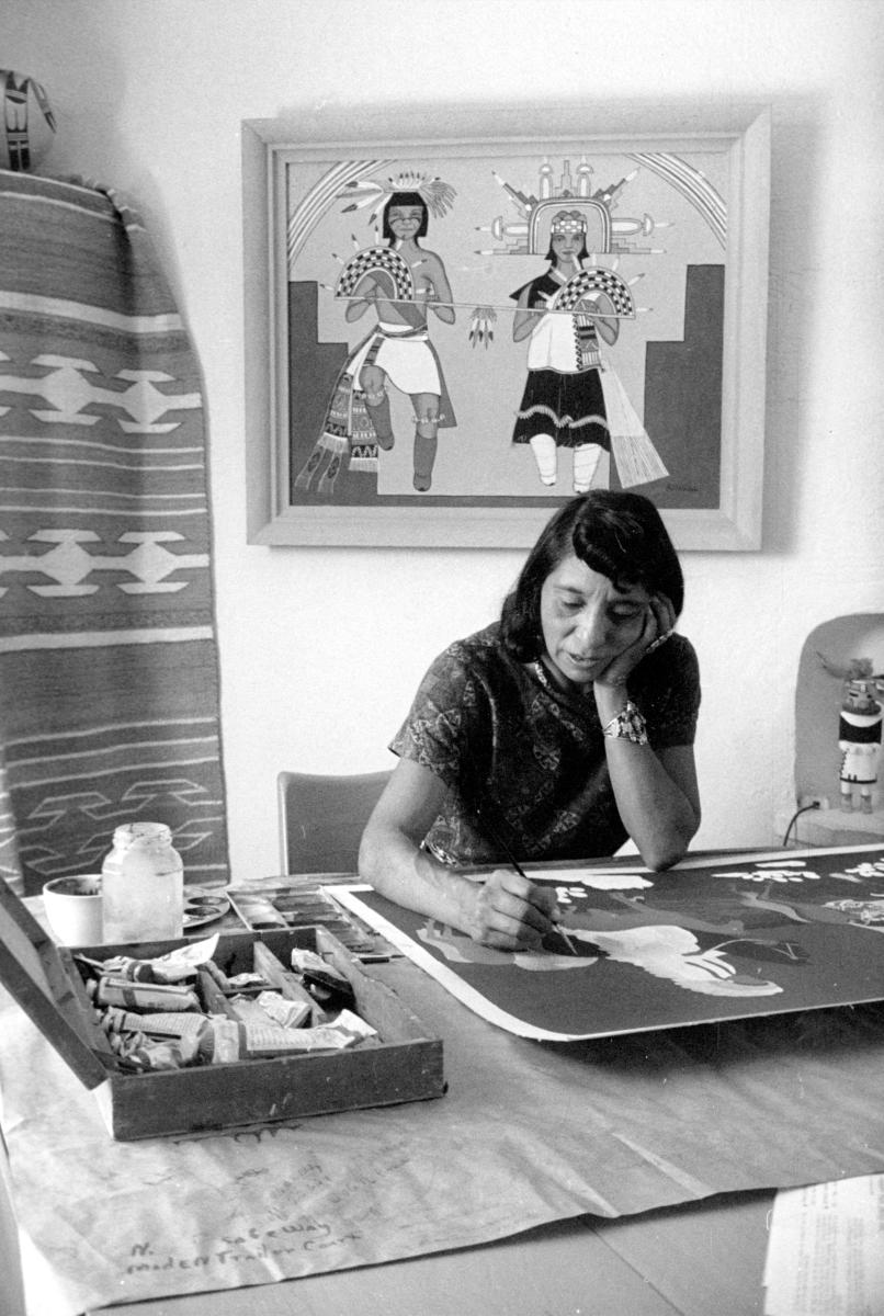 Santa Clara Pueblo artist Pablita Velarde working at her home studio, in Albuquerque, in the 1960s, New Mexico Magazine