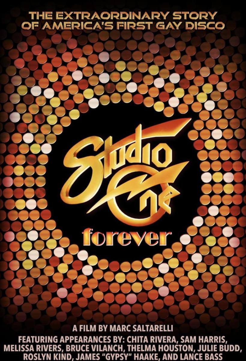 Movie poster with circles of white, red, orange, and gold on a black background, in the center in gold, stylized lettering it says "Studio One forever".