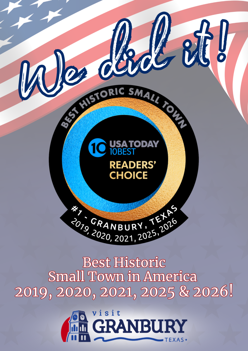 This graphic shows Granbury, TX as a 5 time Best Historic Small Town in America according to USA Today 10Best.