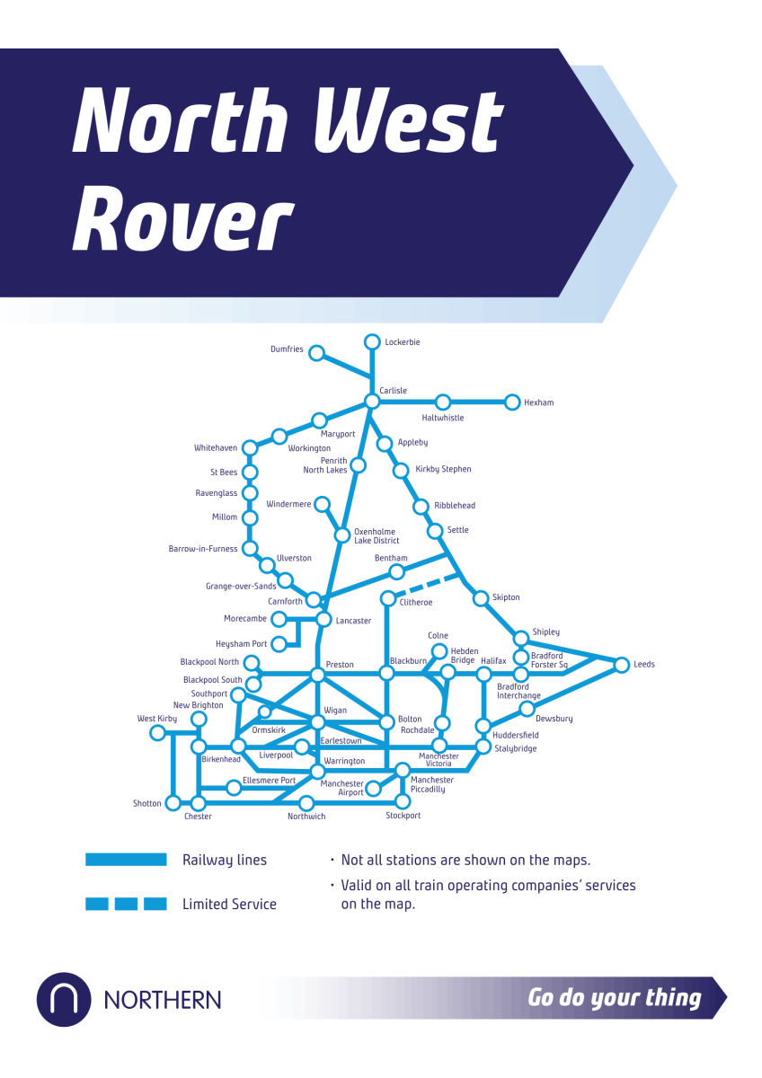 Graphic showing a “North West Rover” rail map by Northern, featuring a simplified network of train routes across North West England. Blue lines connect major stations including Manchester, Liverpool, Preston, Leeds, Carlisle and Blackpool, with smaller stops labelled throughout. A key indicates solid lines for railway routes and dashed lines for limited service, alongside the Northern logo and the tagline “Go do your thing.”