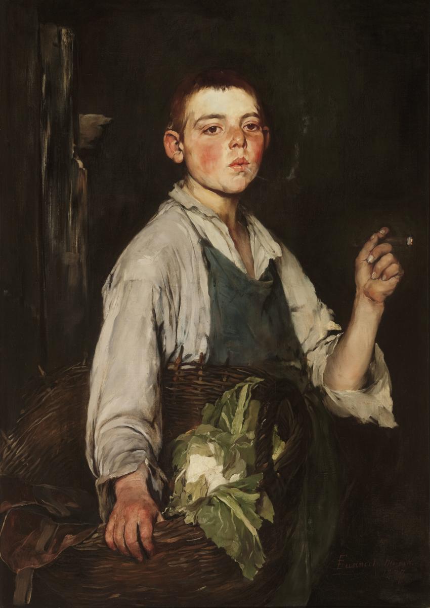 A painting of a boy facing you, wearing a white shirt under a blue apron