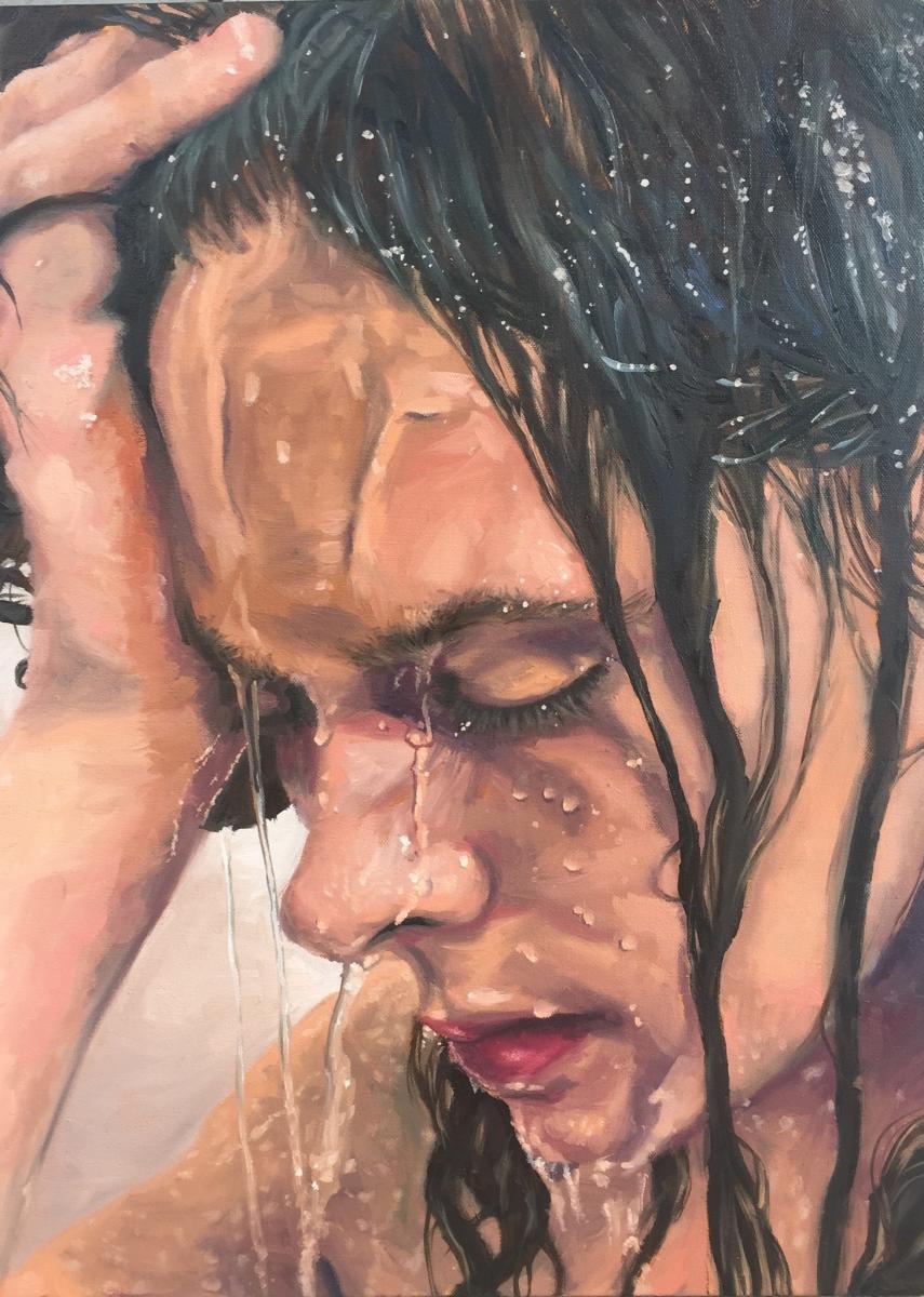Oil painting of distressed woman's face and hair, wet and dripping.