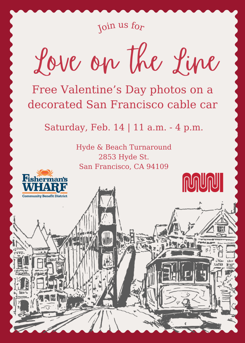 flyer with sketch of san francisco cable car advertising free valentine photos